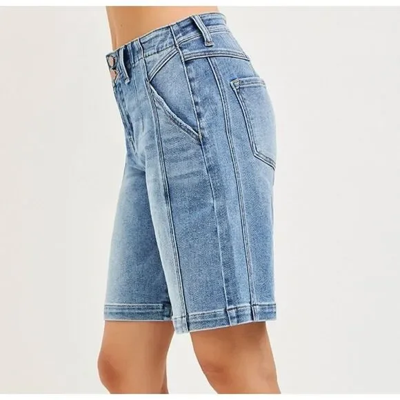 RISEN 2-Button Slouchy Bermuda Long Jean Shorts Pockets sz Large - Picture 6 of 8